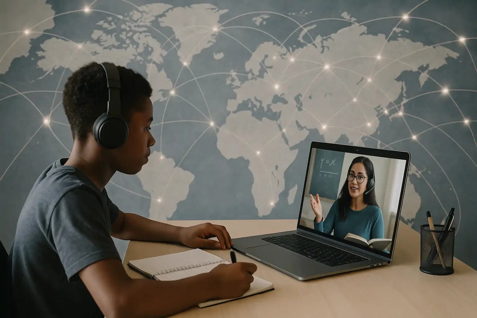 Online tutors connecting with students across continents showing global education trends