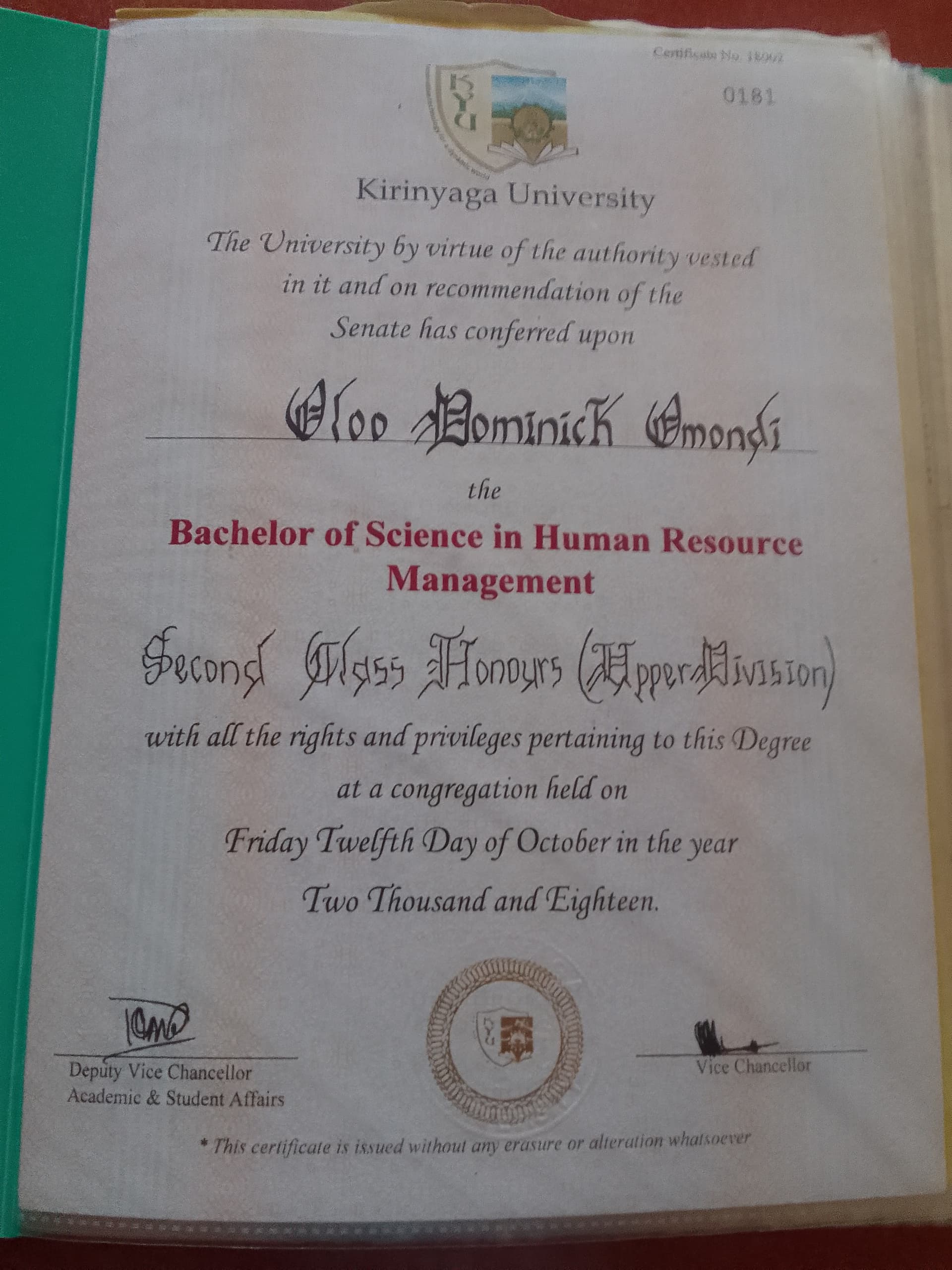 Dominick graduated from Kirinyaga University