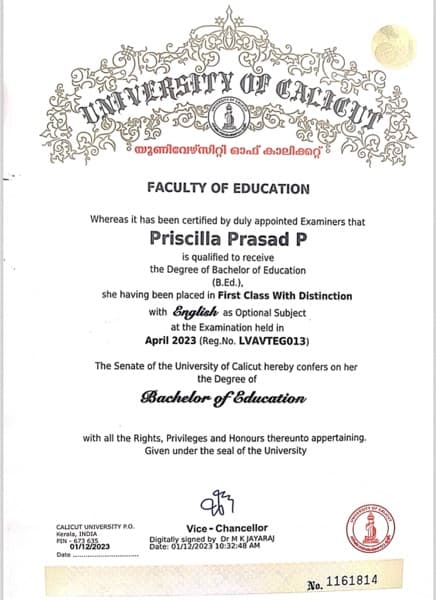 Priscilla graduated from Calicut