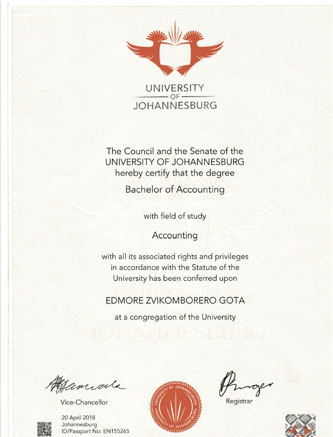 Edmore graduated from University of Johannesburg