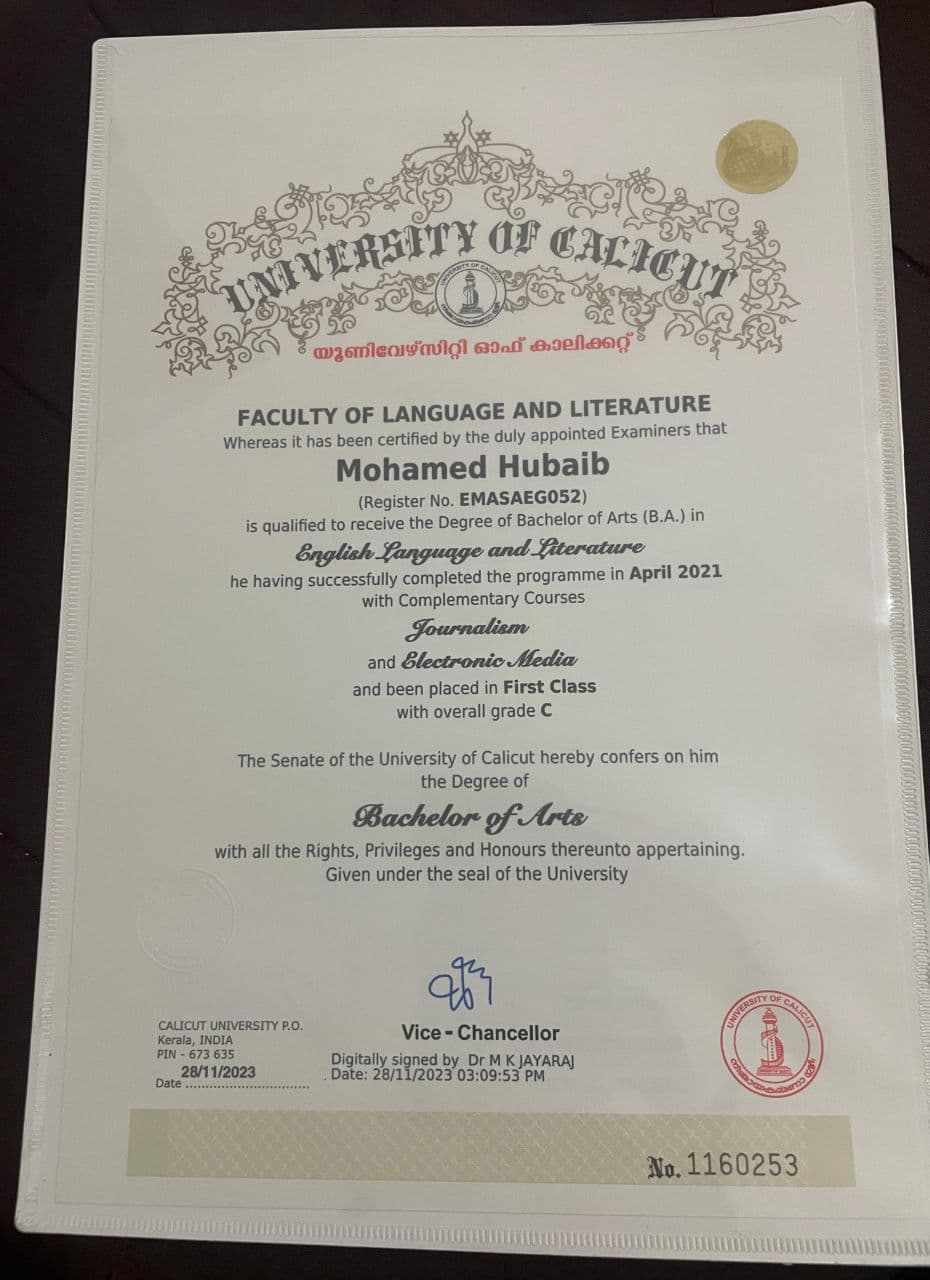 MOHAMED graduated from Calicut University