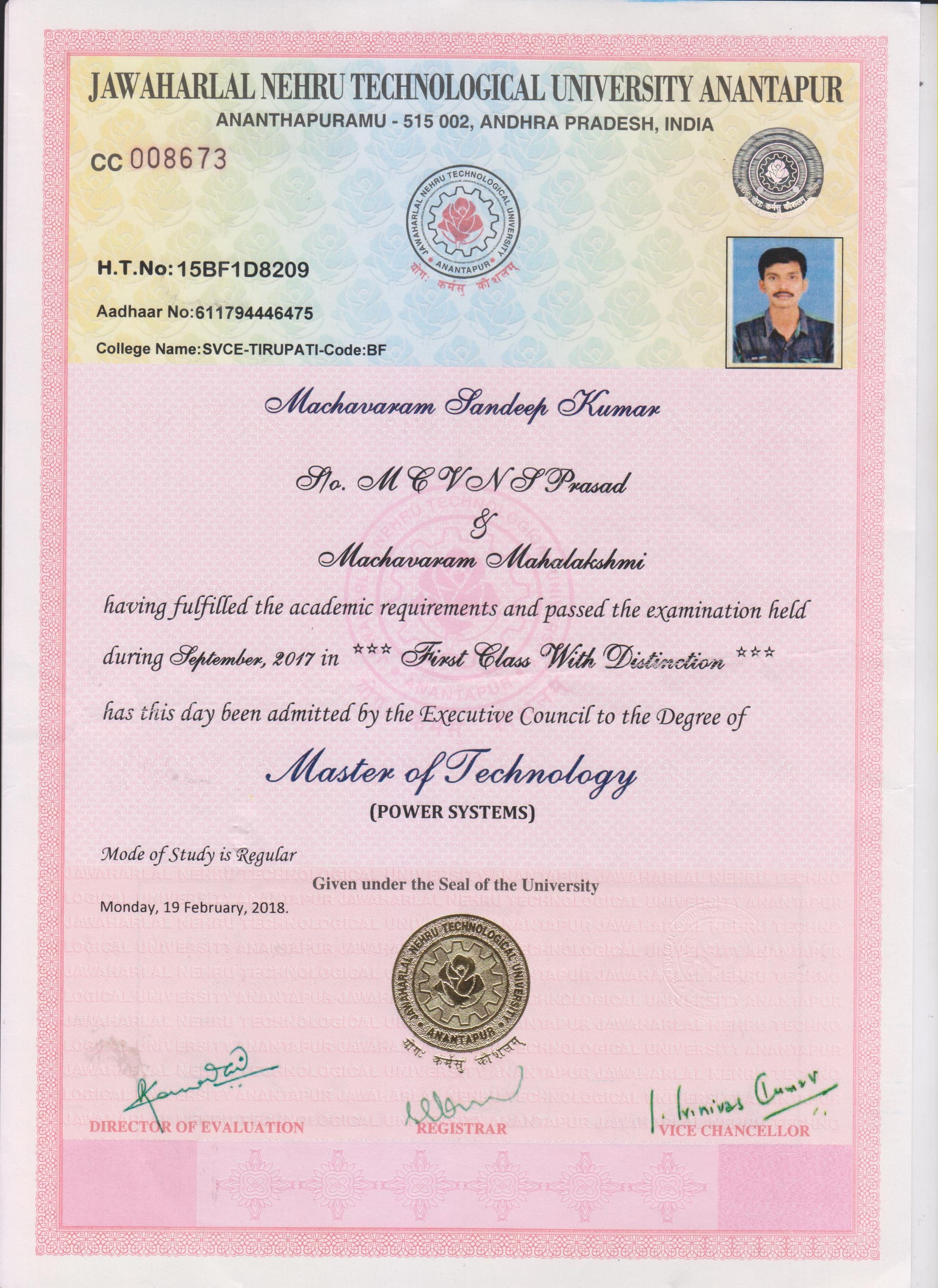SANDEEP KUMAR graduated from JNTU ANANTAPUR