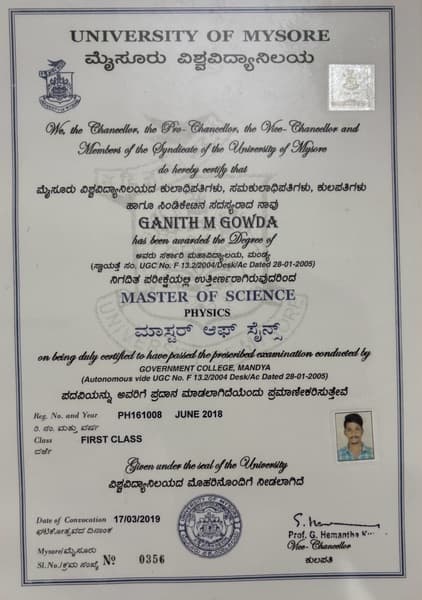 Ganith graduated from University of Mysore