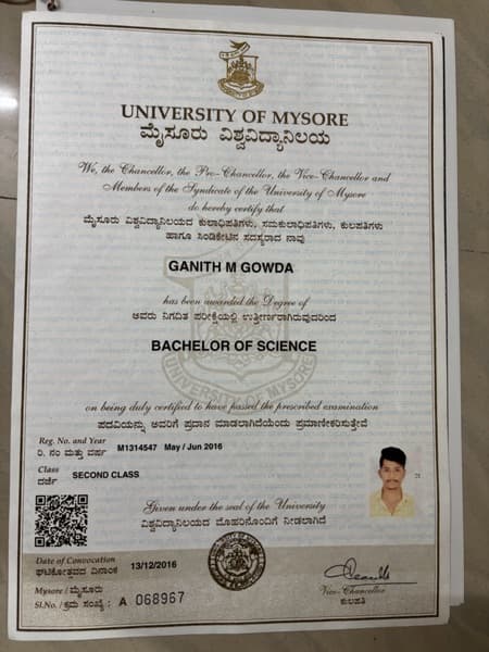 Ganith graduated from University of Mysore