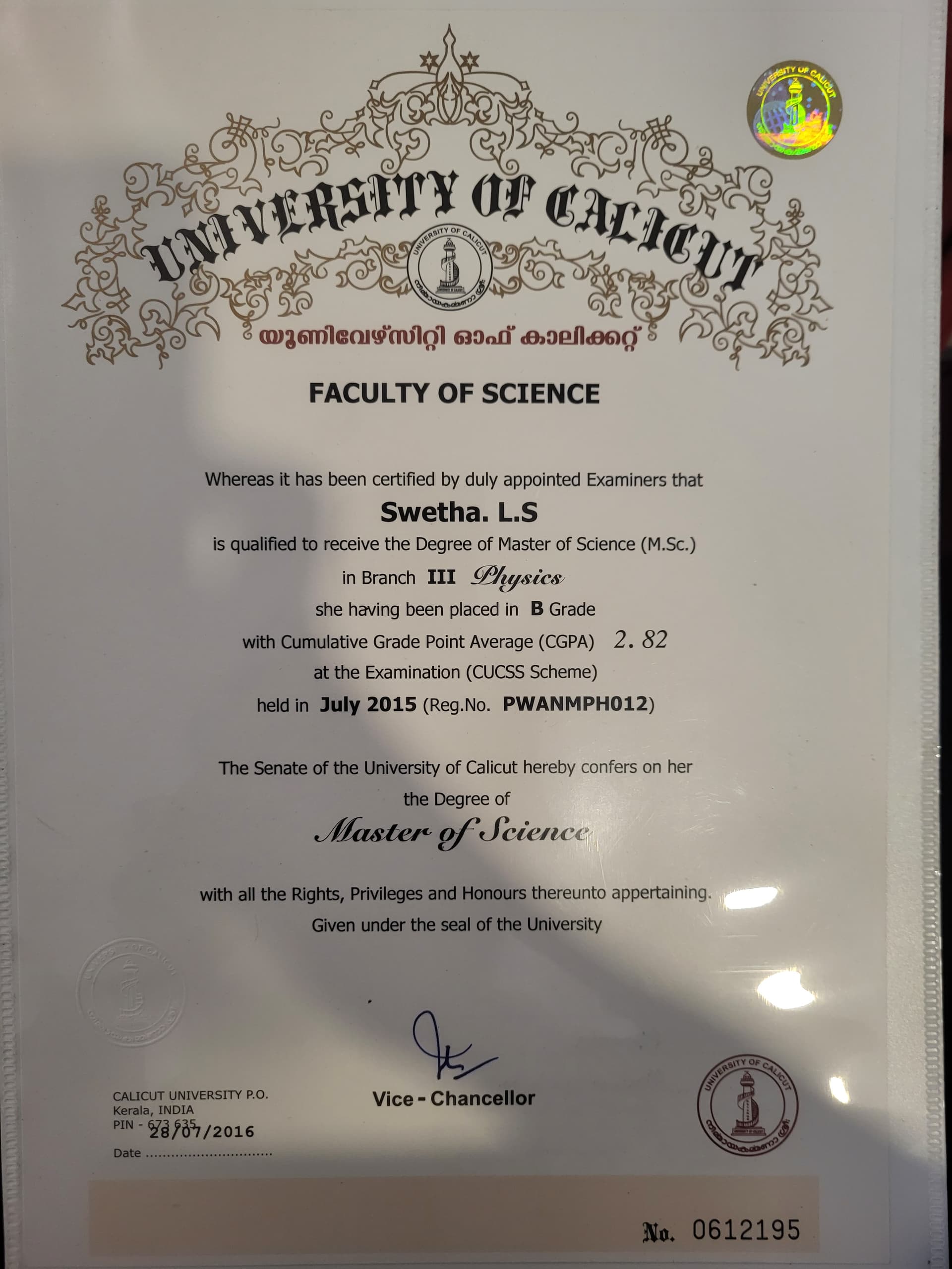 Swetha graduated from Calicut university