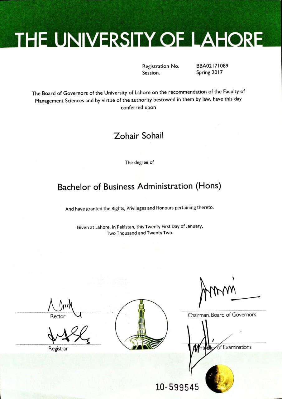 Zohair graduated from University of Lahore
