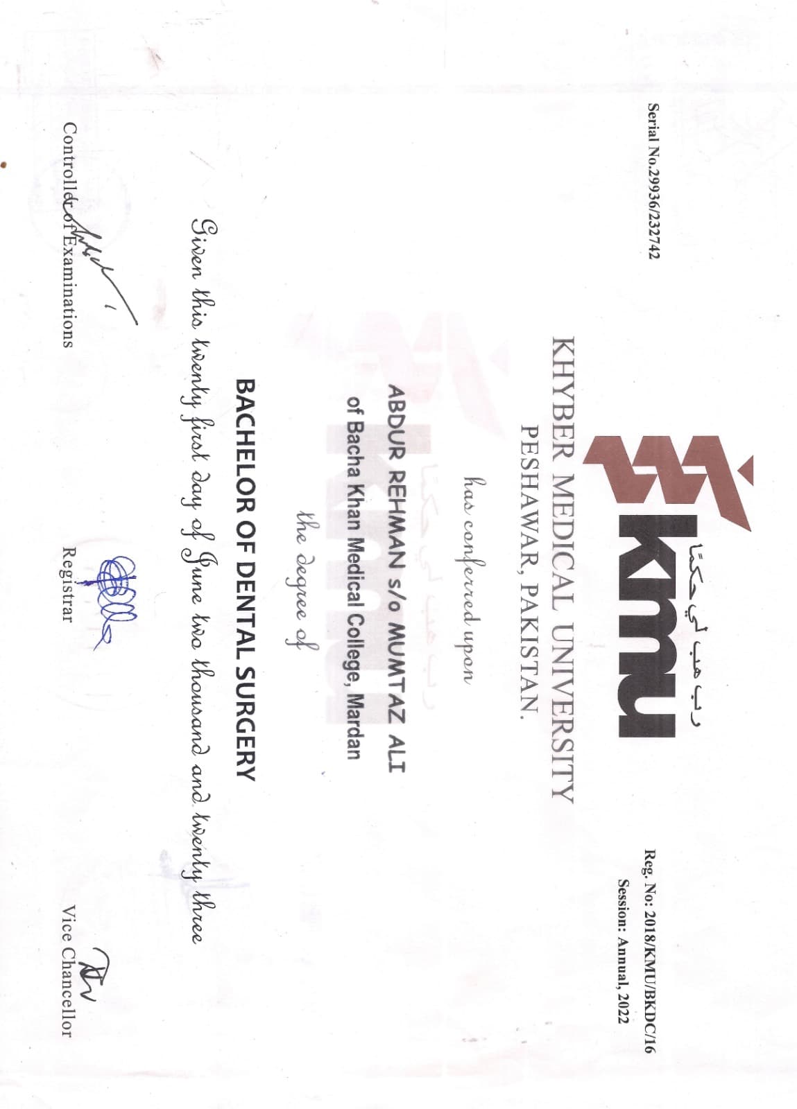 Dr Abdur graduated from bacha khan college of dentistry