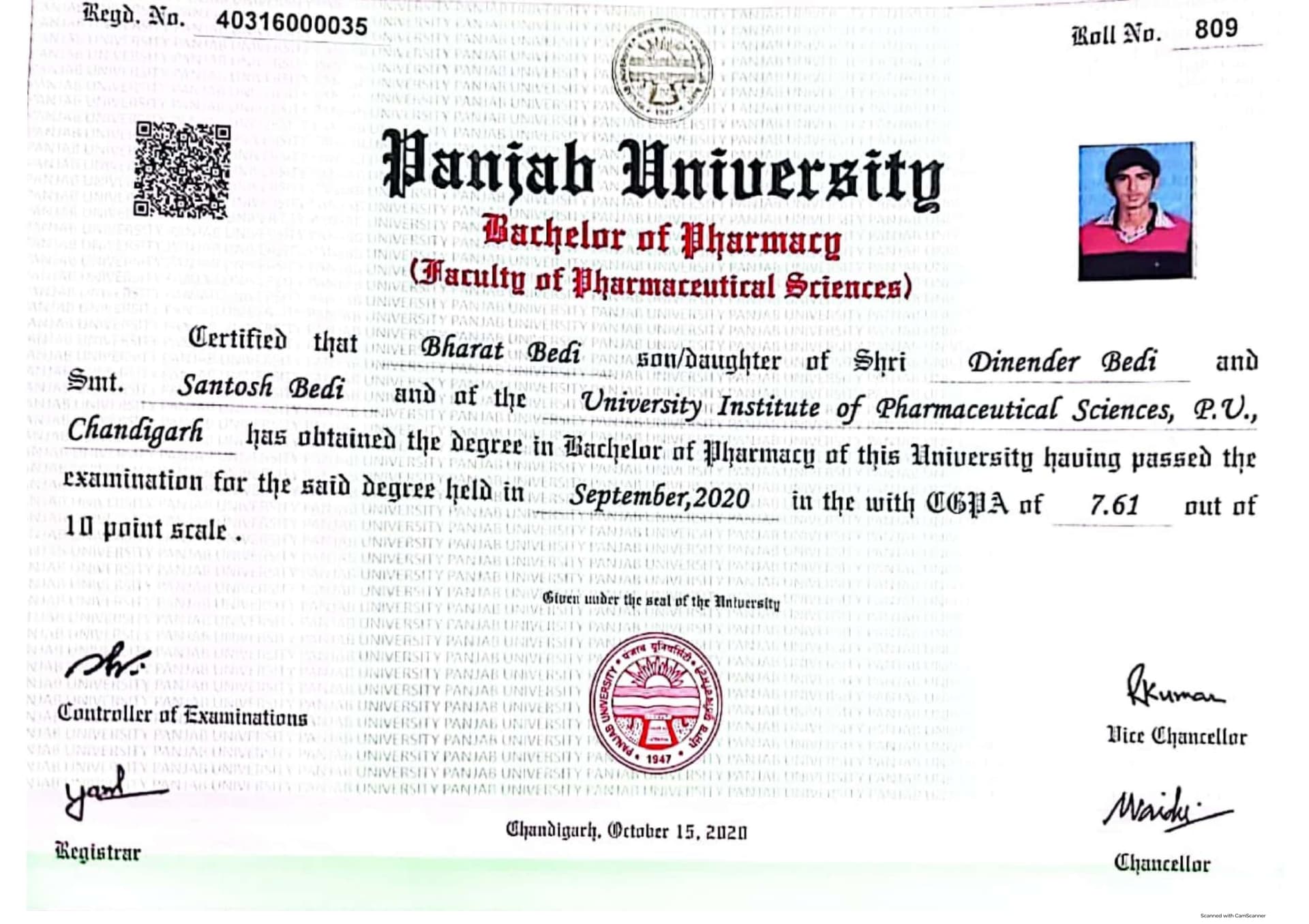 Bharat graduated from UIPS, Panjab University