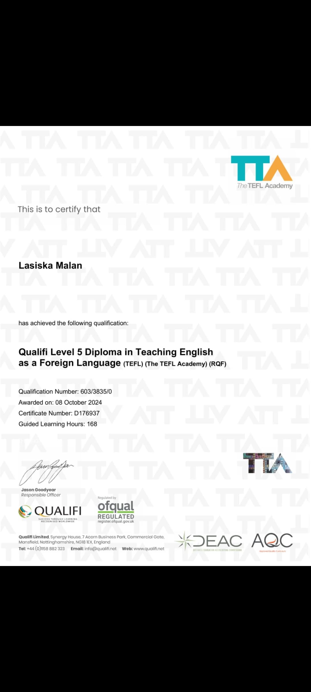 Lasiska graduated from The TEFL academy