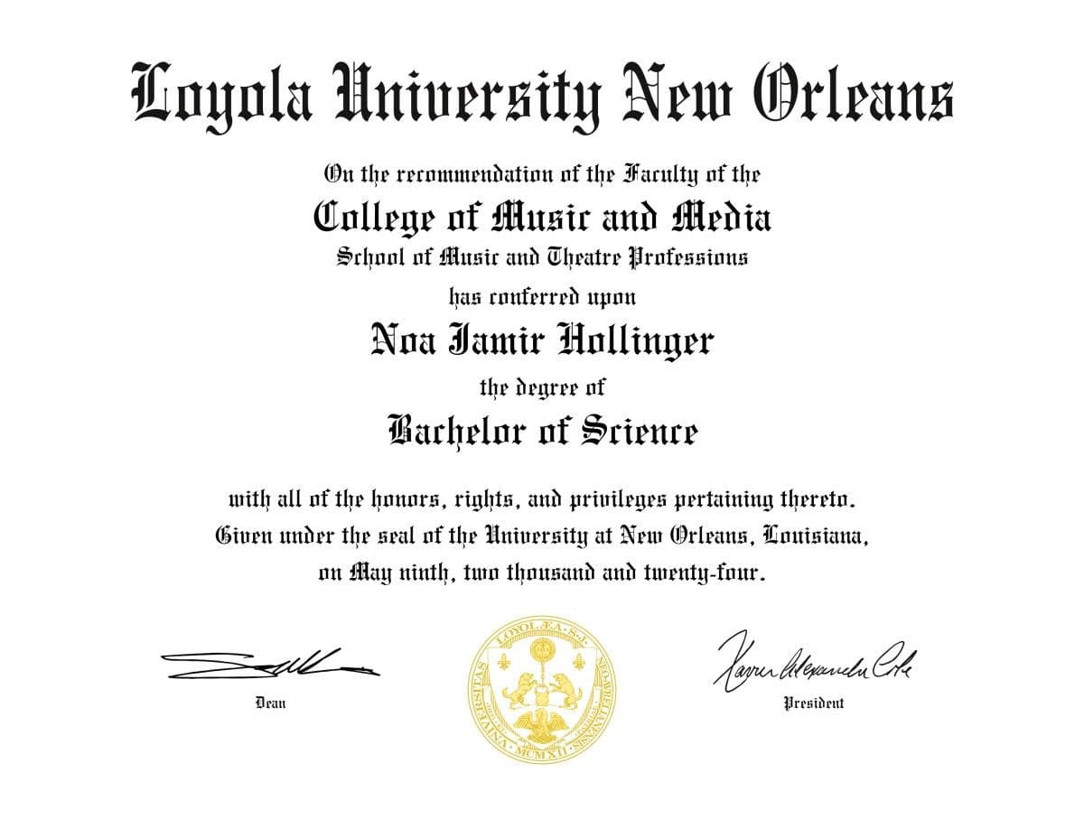 Noa graduated from Loyola University New Orleans