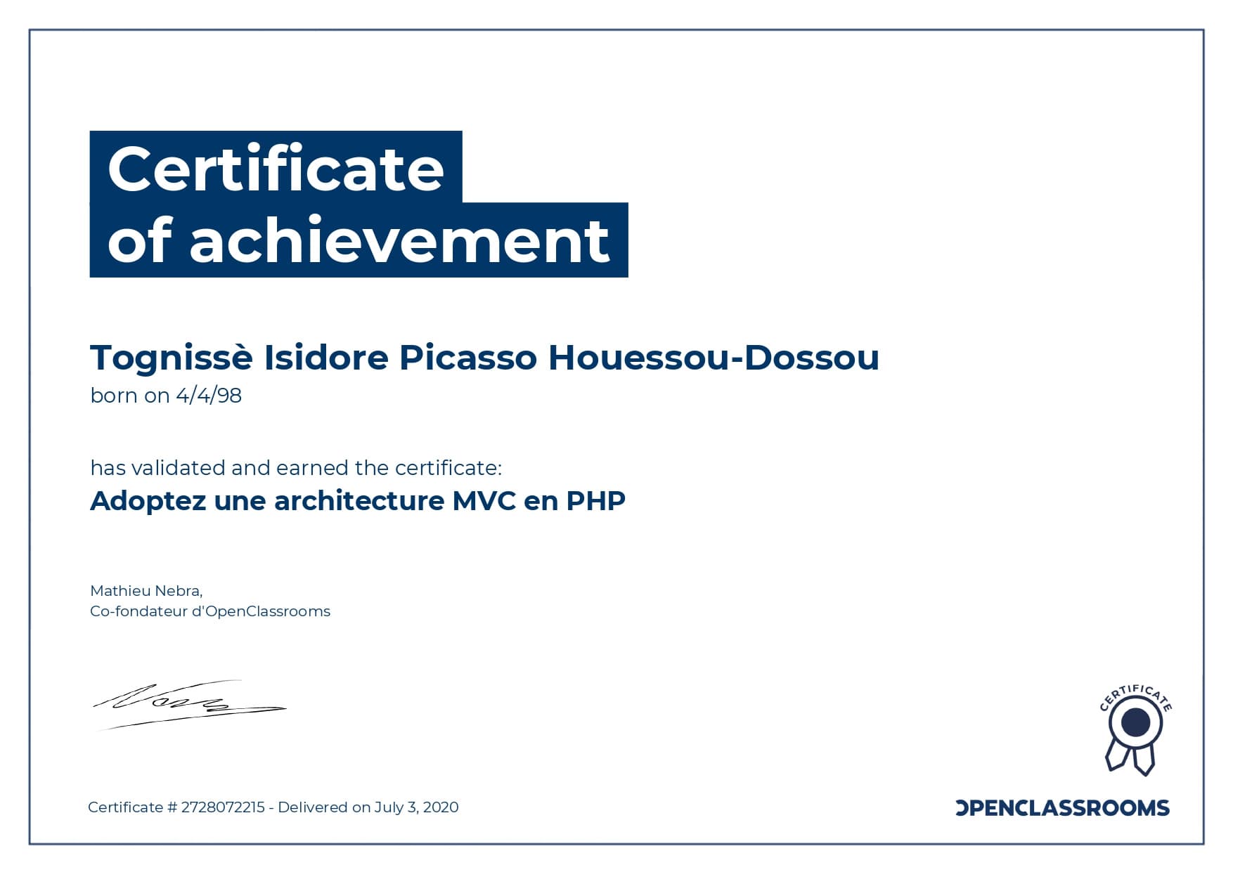 Picasso graduated from National School of Applied Economics and Management