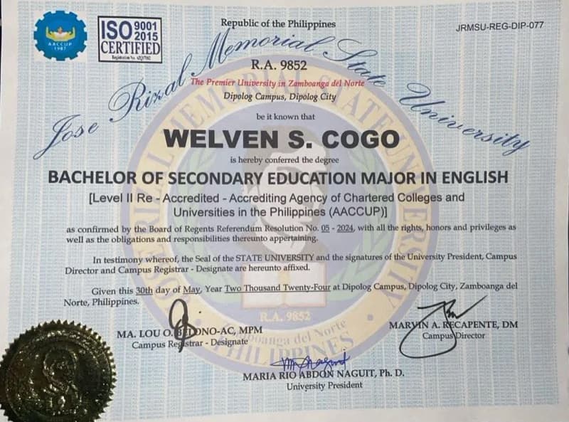 Welven graduated from Jose Rizal Memorial State University
