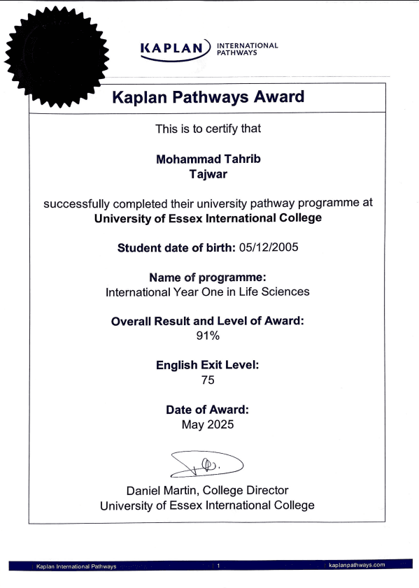 Mohammad Tahrib graduated from University of Essex International College