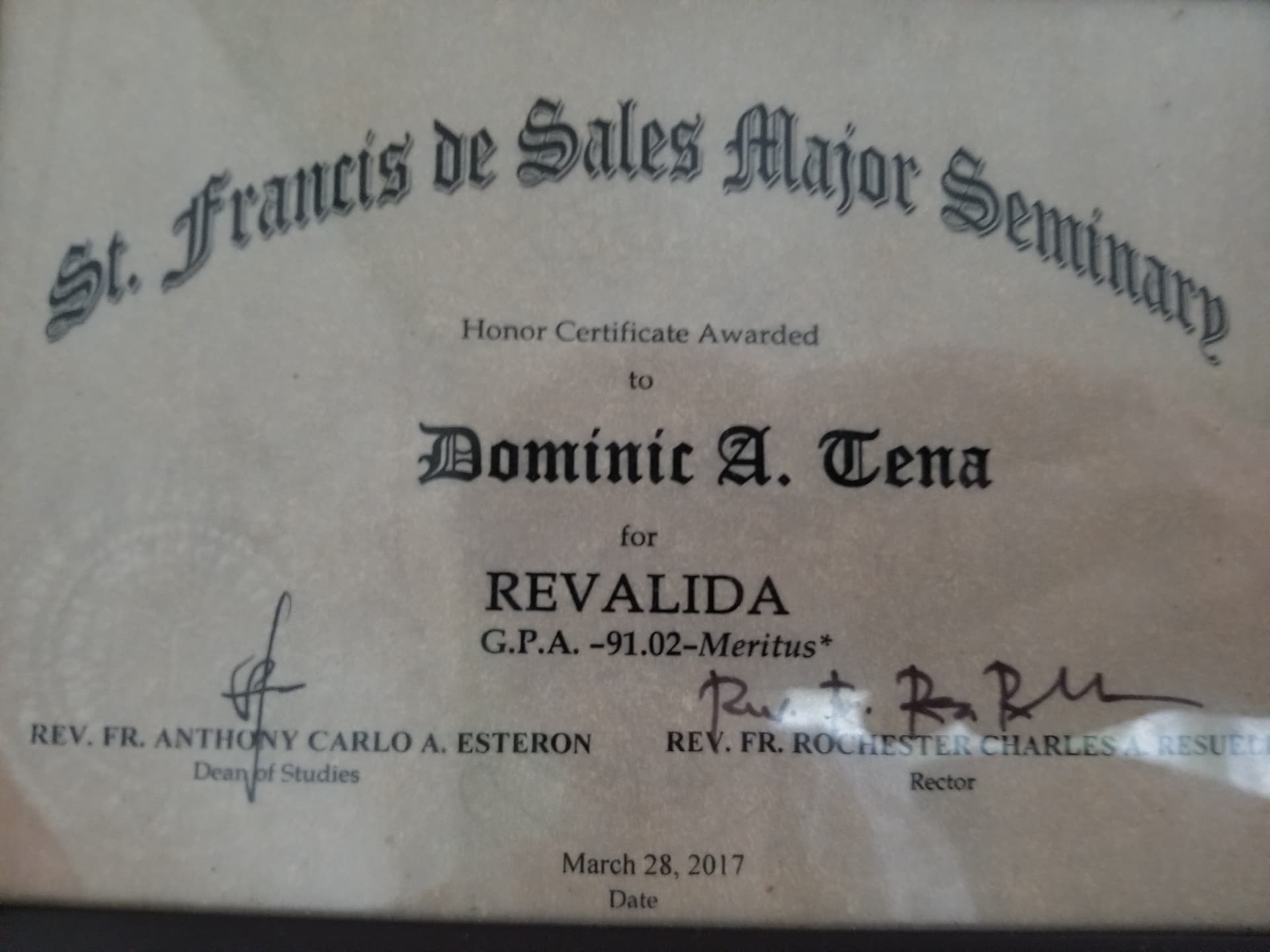 Dominic graduated from St. Francis de Sales Theological Seminary