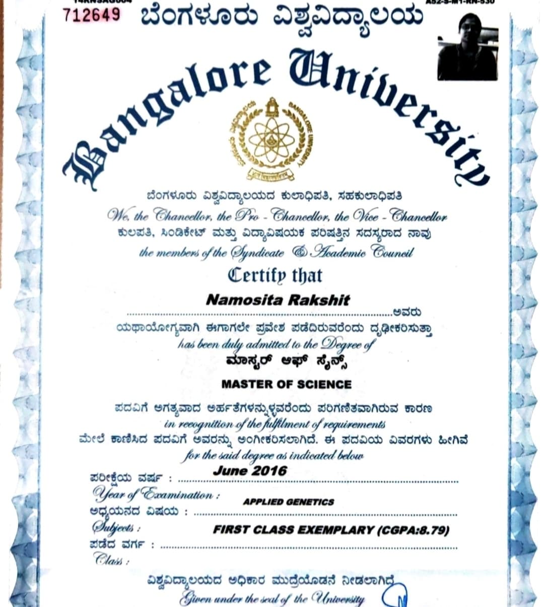 Namosita graduated from Bangalore University