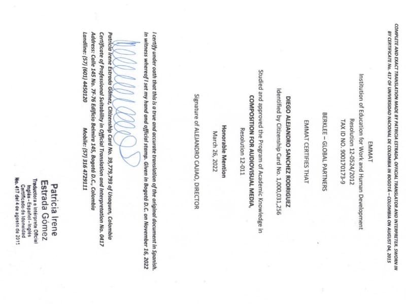 Diego graduated from EMMAT - Berklee Global Partner