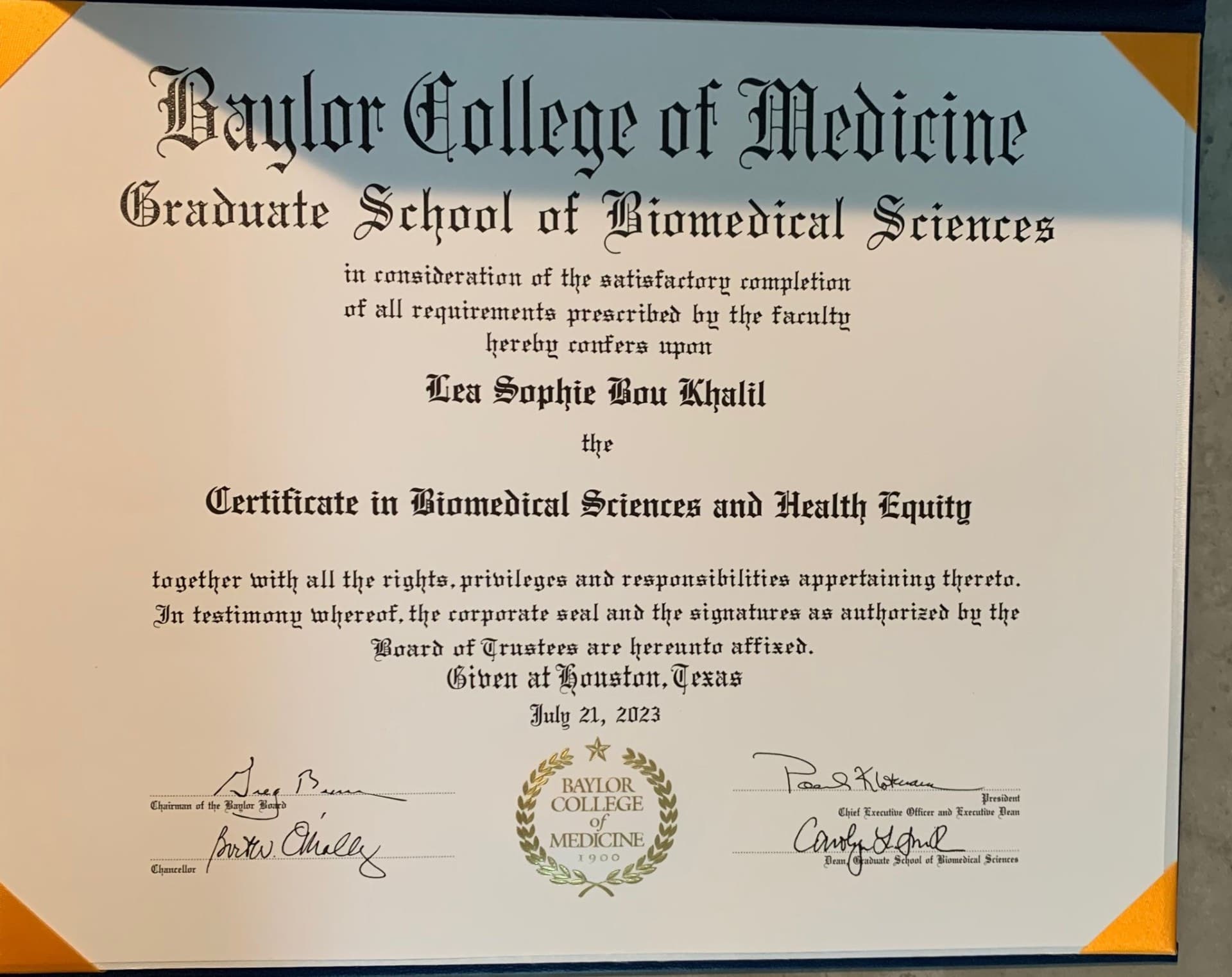 Lea graduated from Baylor College of Medicine