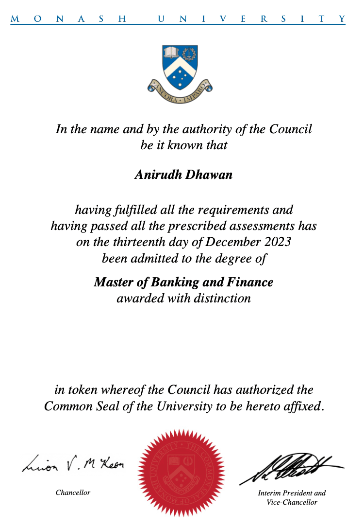 Anirudh graduated from Monash