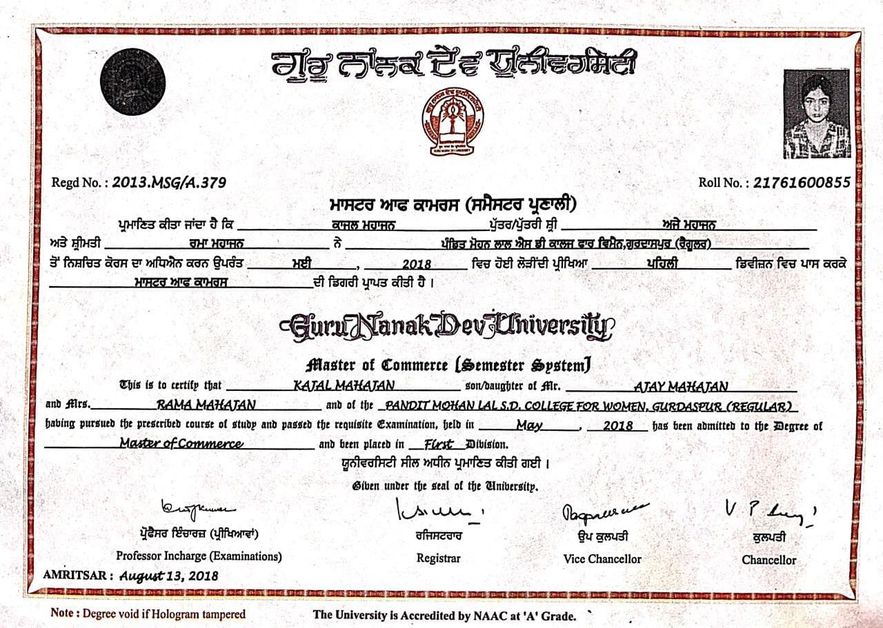 Kajal graduated from GURU NANAK DEV UNIVERSITY
