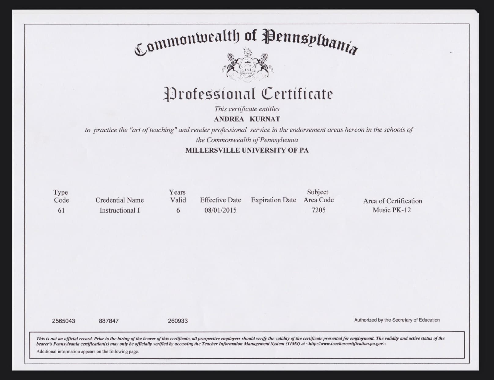 Ms. Andrea/Andy graduated from Millersville