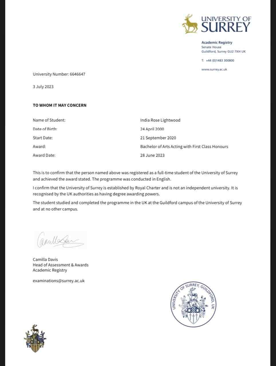 India Rose graduated from Guildford School of Acting