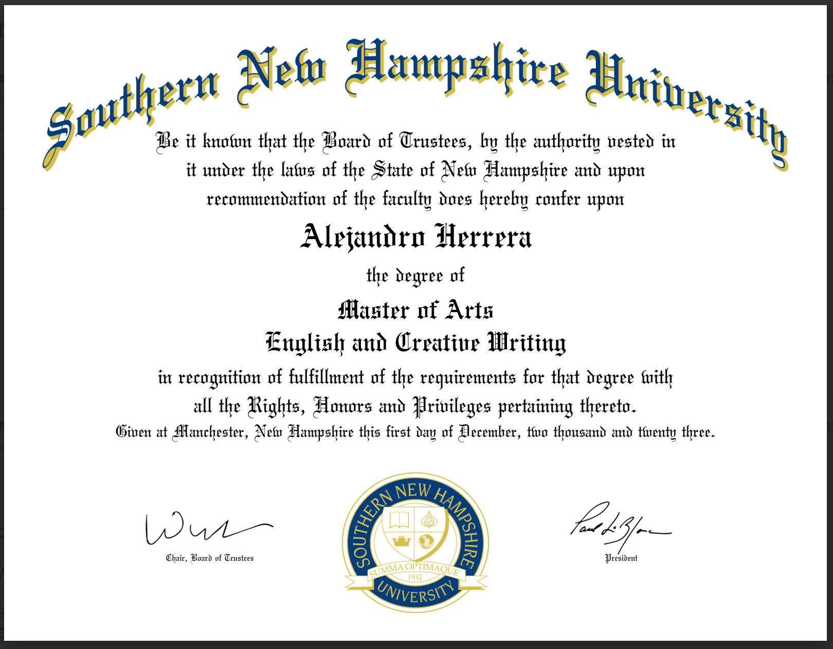 Alejandro graduated from Southern New Hampshire University