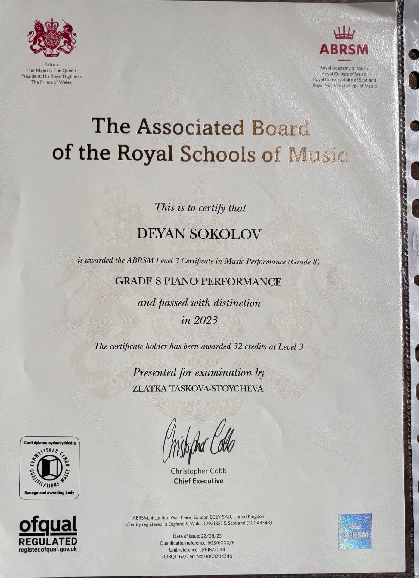 Deyan graduated from ABRSM