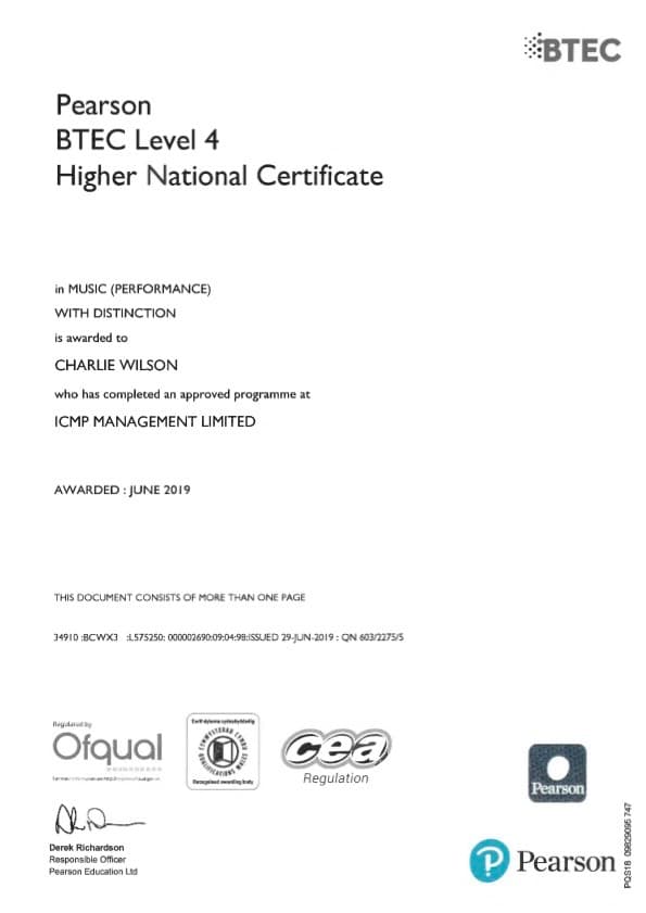 Charlie graduated from Institute of Contemporary Music Performance