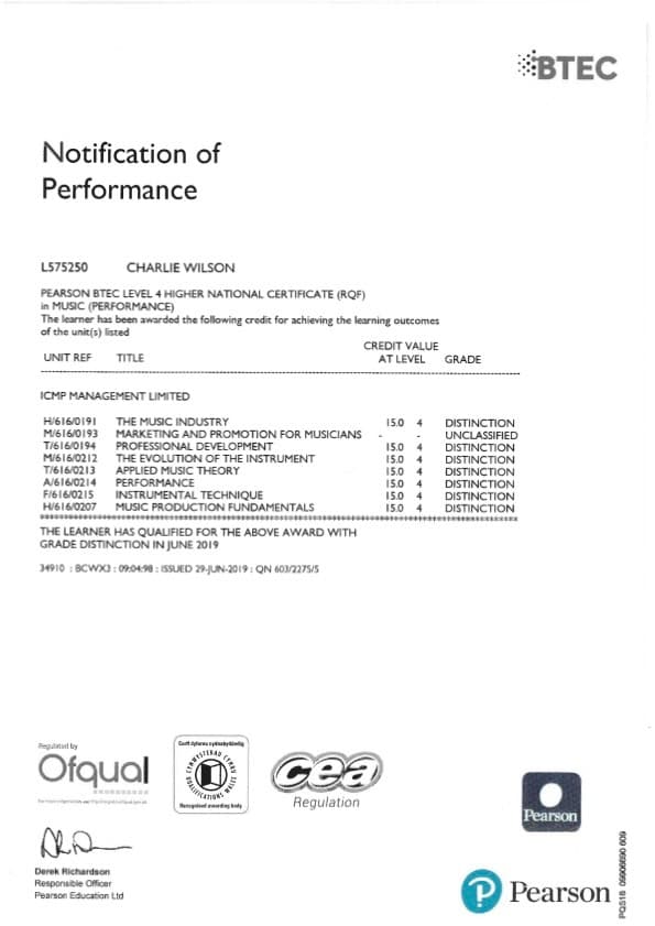 Charlie graduated from Institute of Contemporary Music Performance