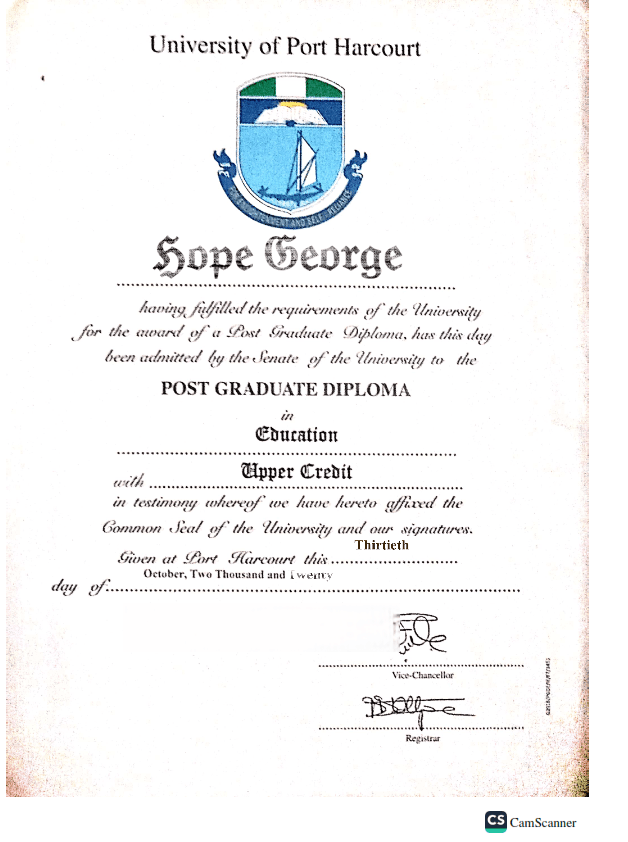 Hope graduated from University of Port Harcourt