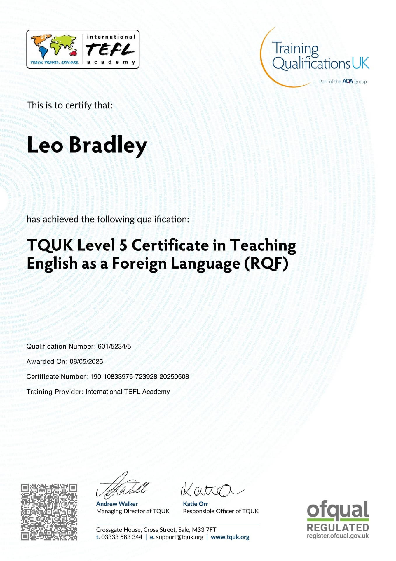 Leo graduated from International Tefl Academy