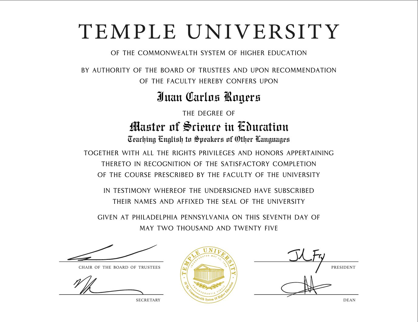 Juan graduated from Temple University