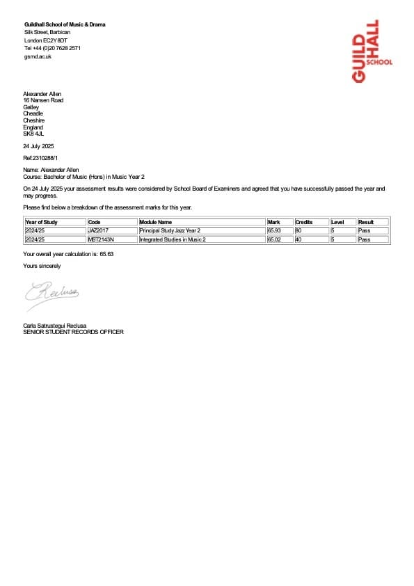 Alex graduated from Guildhall School Of Music And Drama