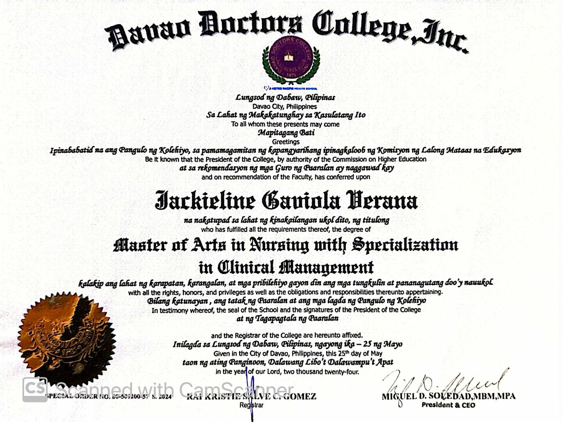 JACKIELINE graduated from Davao Doctors College