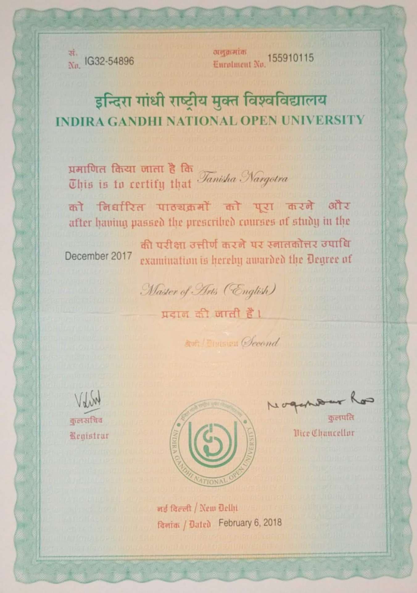 Tanisha graduated from Jammu University