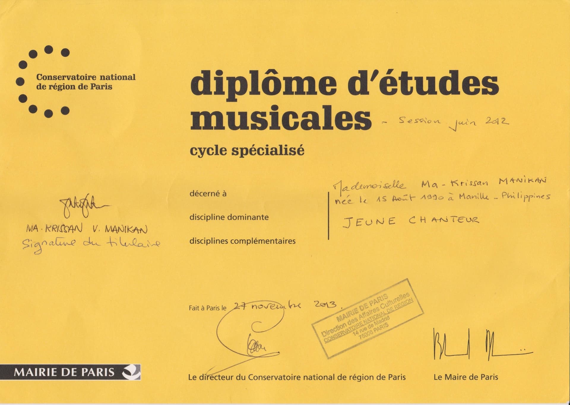Krissan graduated from Conservatoire a rayonnement regional de Paris