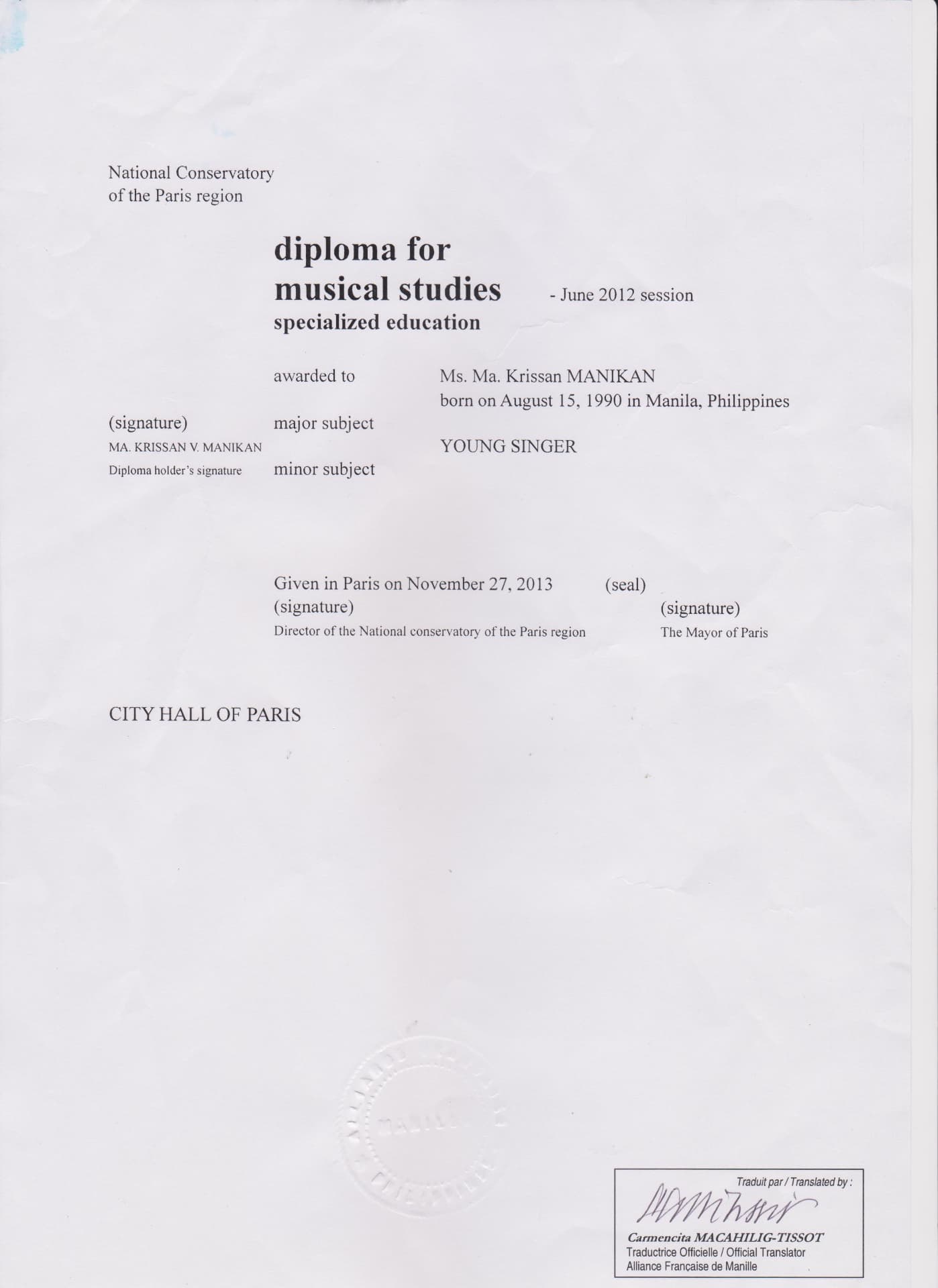 Krissan graduated from Conservatoire a rayonnement regional de Paris