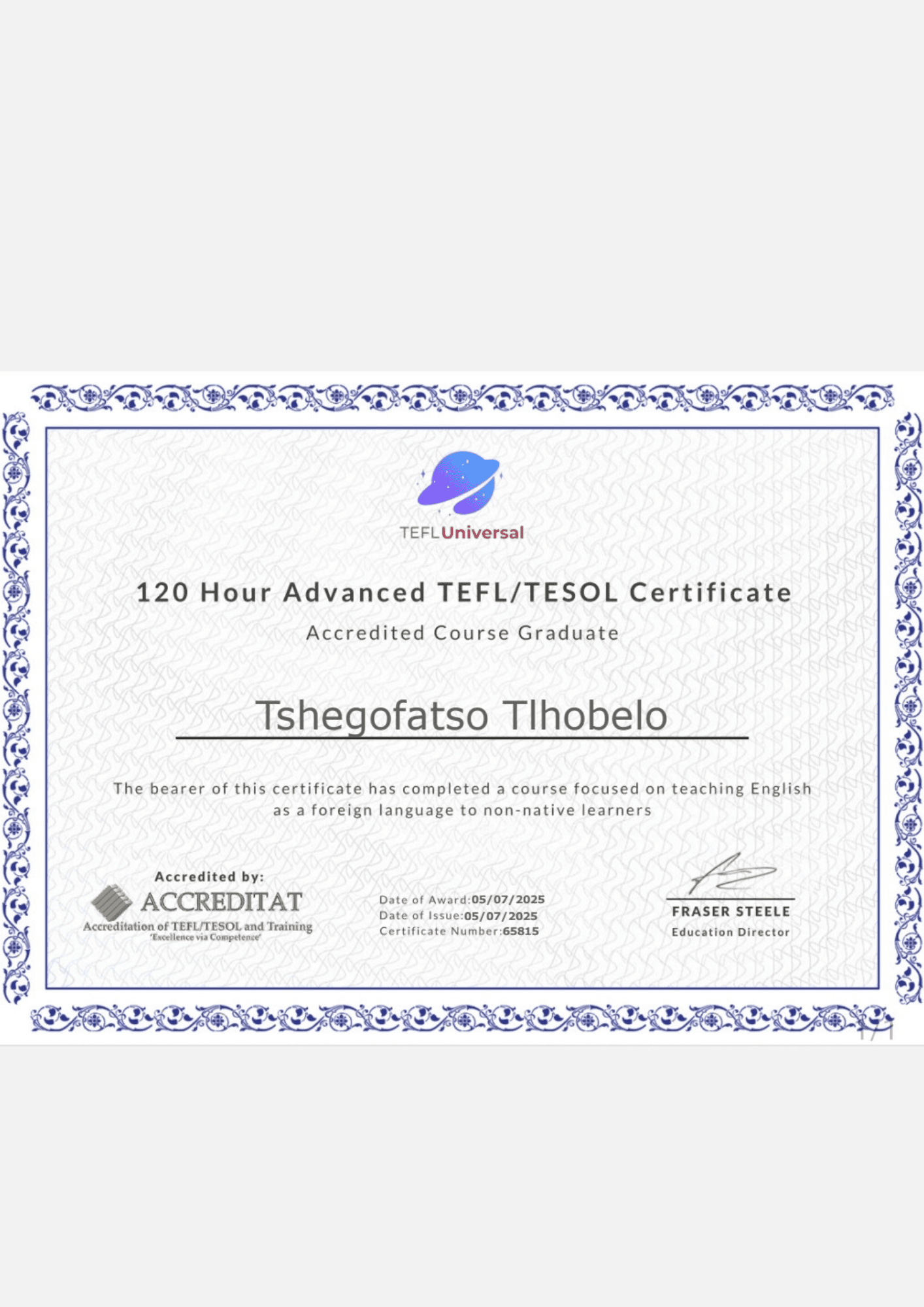 Tshegofatso graduated from Teacher Record