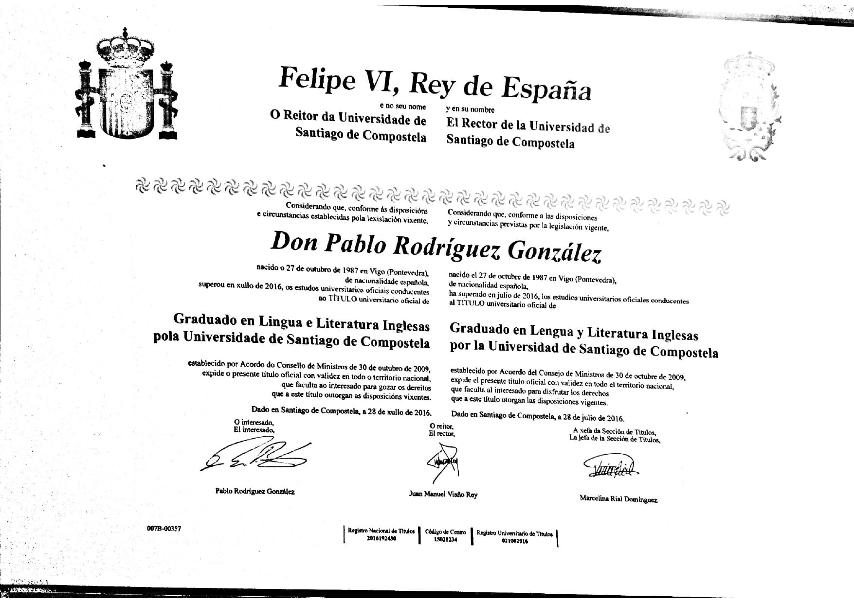 Pablo graduated from Universidad de Santiago de Compostela