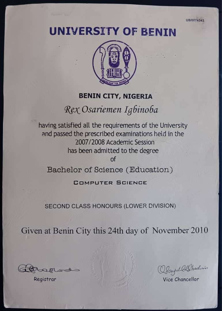 Osariemen Rex graduated from University of Benin