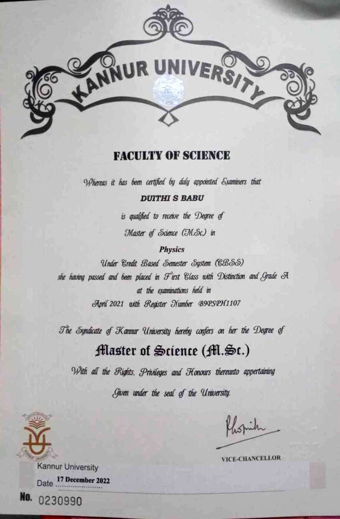 Duithi graduated from Kannur