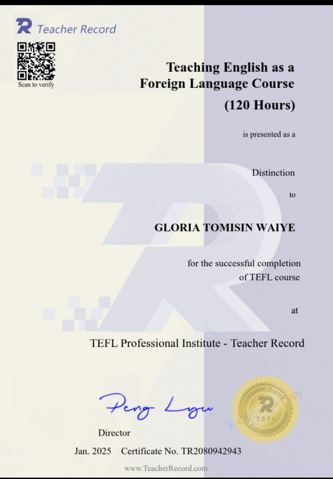 Gloria graduated from University of Abuja