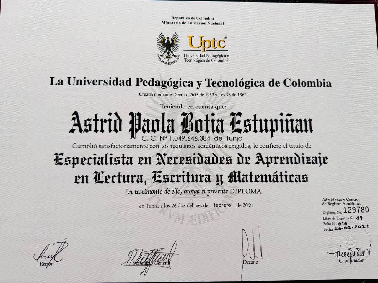 Paola graduated from Pedagogical and Technological University of Colombia Uptc