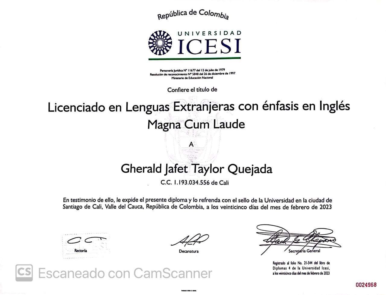 Gherald graduated from Icesi University