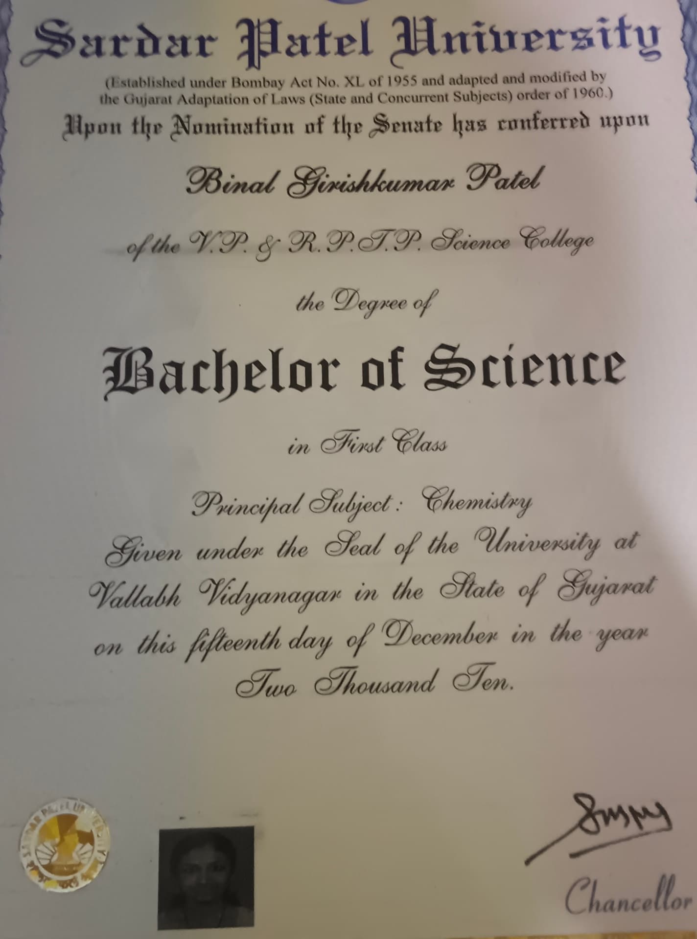 Binal graduated from sardar patel university