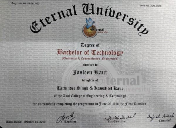 Jasleen graduated from Eternal University