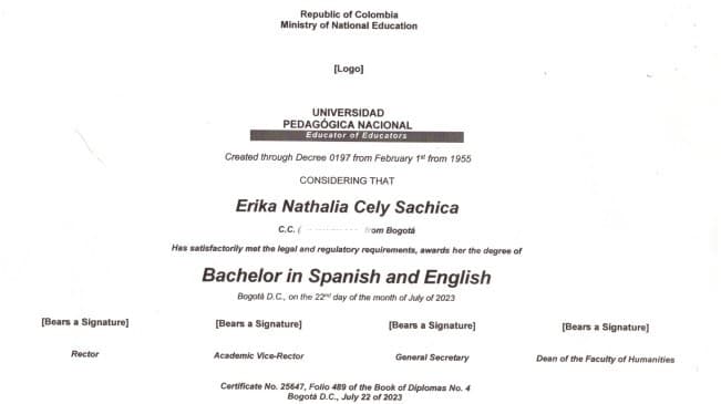 Erika graduated from Universidad Pedagógica Nacional