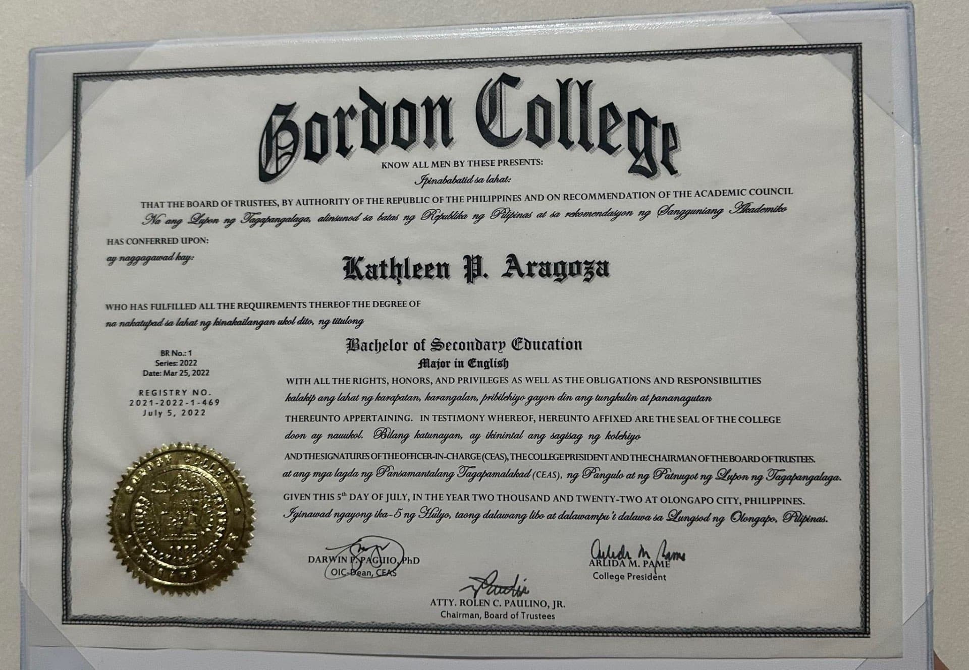 Kathleen graduated from Gordon College