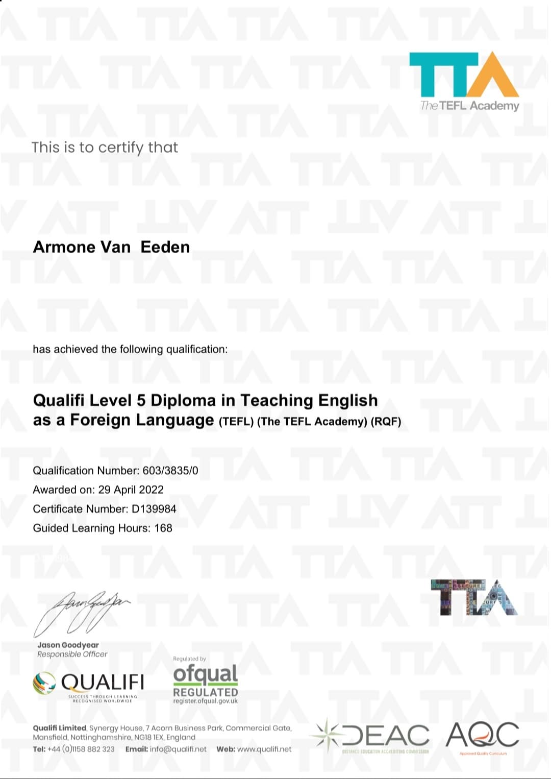 Armoné graduated from The TEFL Academy