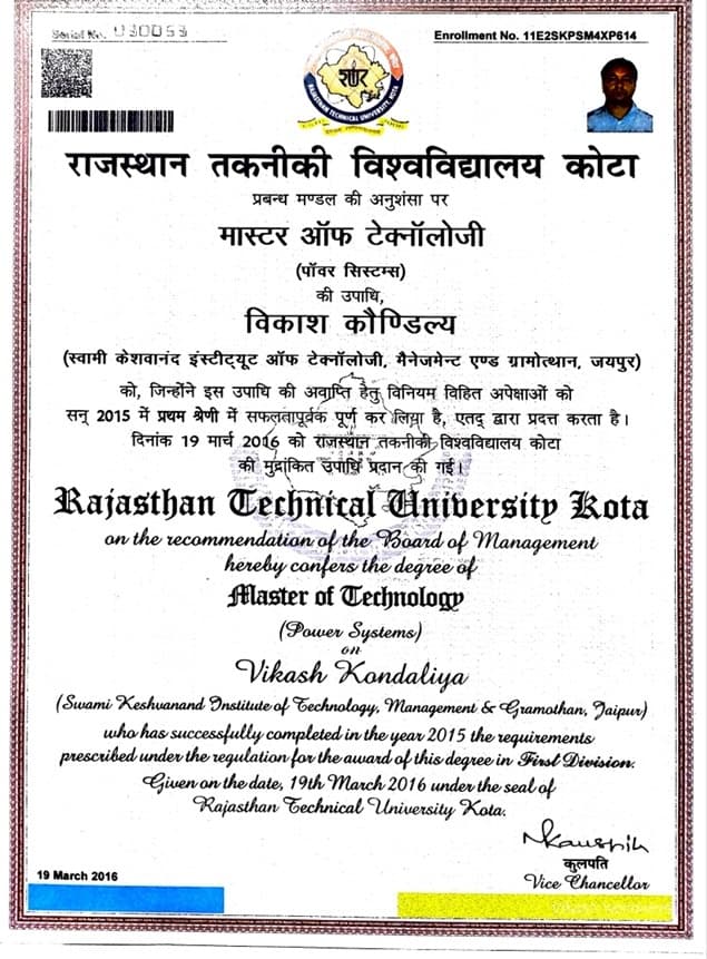 VIKASH graduated from RAJASTHAN TECHNICAL UNIVERSITY
